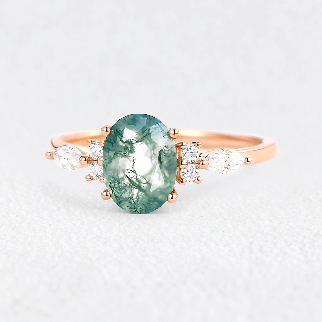 Oval Moss Agate Classic Engagement Ring.