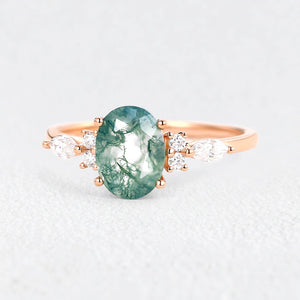 Oval Moss Agate Classic Engagement Ring.