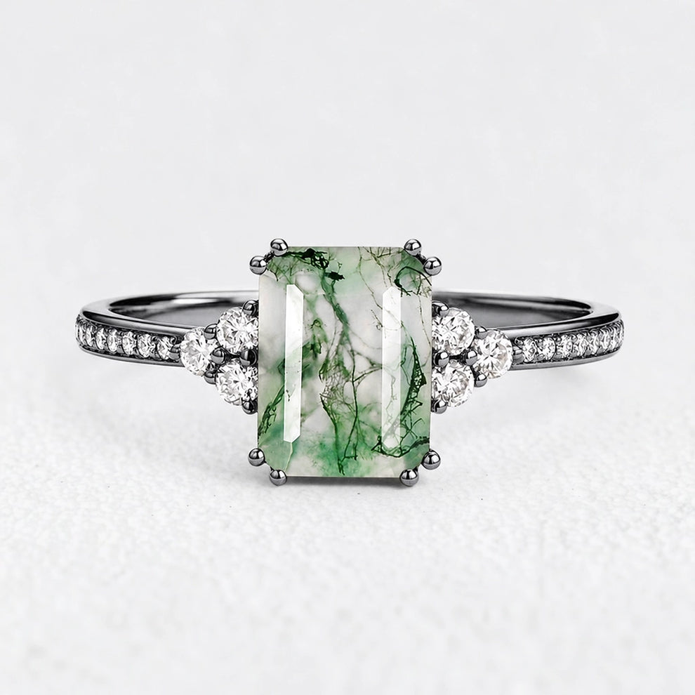 Isadora’s Verdant | Emerald‑Cut Moss Agate Pavé Engagement Ring