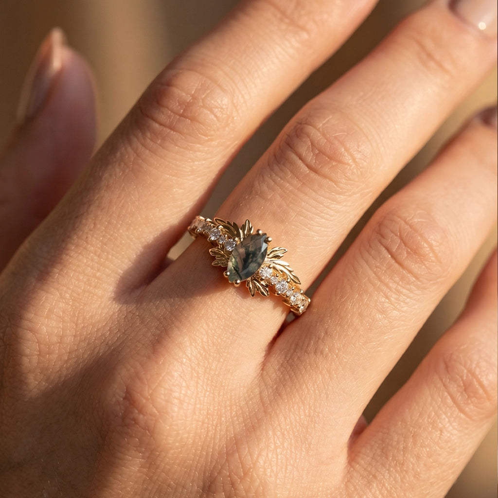 Aurora’s Moss Wing | Marquise Moss Agate Vintage Bridal Set 2pcs.