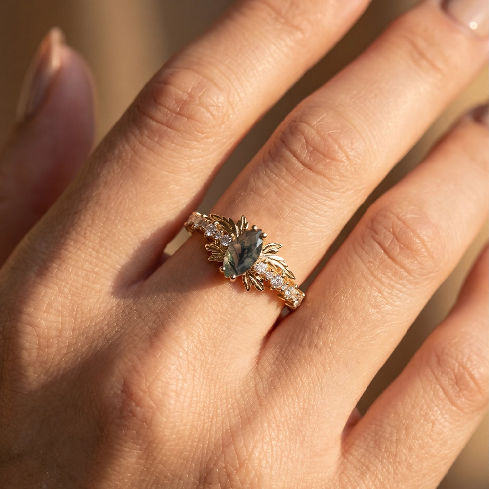 Aurora’s Moss Wing | Marquise Moss Agate Vintage Bridal Set 2pcs.