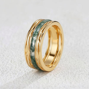 Odin’s Dominion | 8MM Moss Agate Men’s Ring with Openwork Branch Sides.