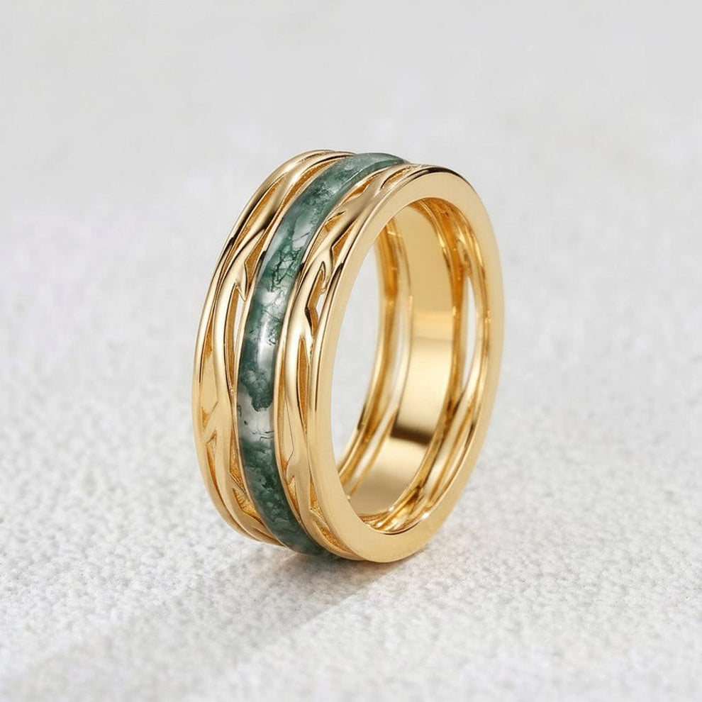 Odin’s Dominion | 8MM Moss Agate Men’s Ring with Openwork Branch Sides.