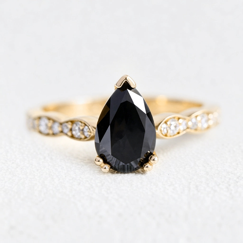Grace’s Eclipse | Pear Black Diamond Solitaire & Bezel Wedding Band Bridal Set 2pcs.