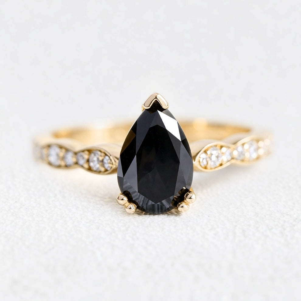 Grace’s Eclipse | Pear Black Diamond Solitaire & Bezel Wedding Band Bridal Set 2pcs.