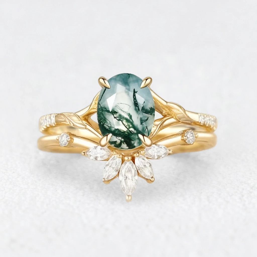 Zinnia’s Meadow | Oval Cut Moss Agate Leafy Gold Couple Ring Set 3pcs.