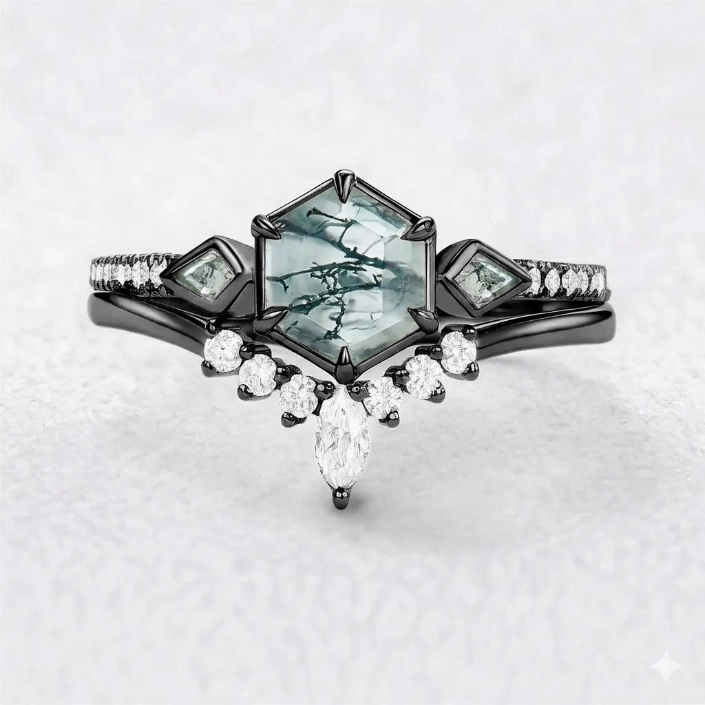 Linden’s Meadow |  Hexagon Moss Agate Three Stone Bridal Set 2pcs.