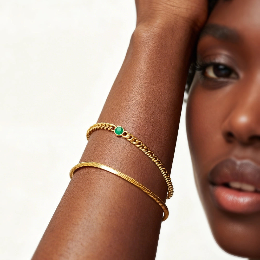 May Birthstone Chain Bracelet | 18K Gold Plated Vermeil/Green Onyx.