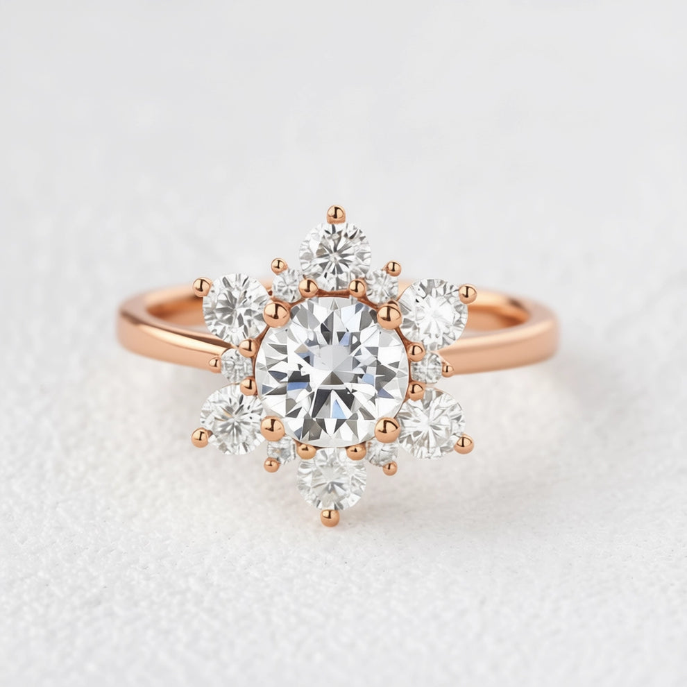 Snowflake Shaped Moissanite Art deco White Gold Ring.
