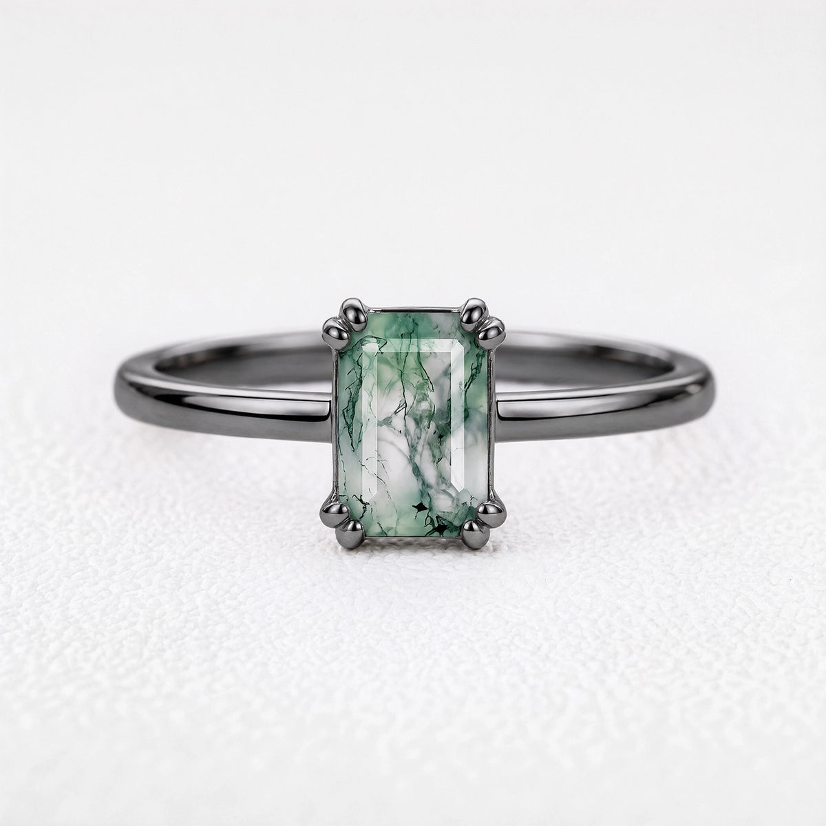 Cordelia’s Pavilion | Emerald Cut Moss Agate Solitaire Engagement Ring