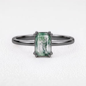Cordelia’s Pavilion | Emerald Cut Moss Agate Solitaire Engagement Ring