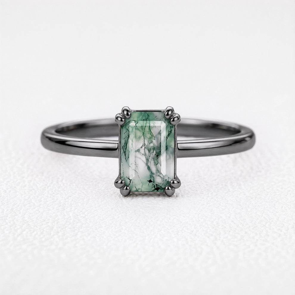 Cordelia’s Pavilion | Emerald Cut Moss Agate Solitaire Engagement Ring