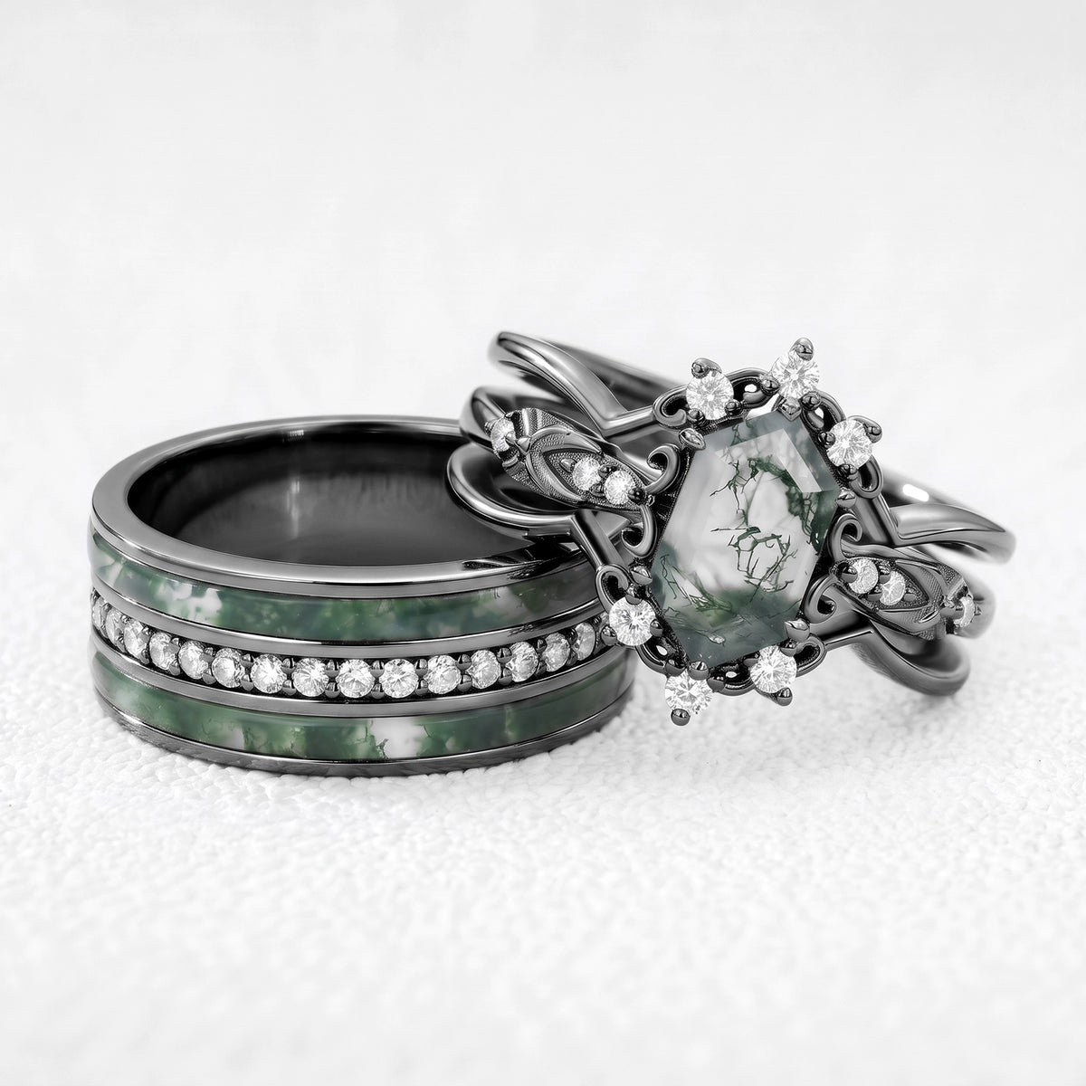 Isolde’s Enclave  | Vintage Long Hexagon Moss Agate & Moissanite Couple Ring Set 3pcs