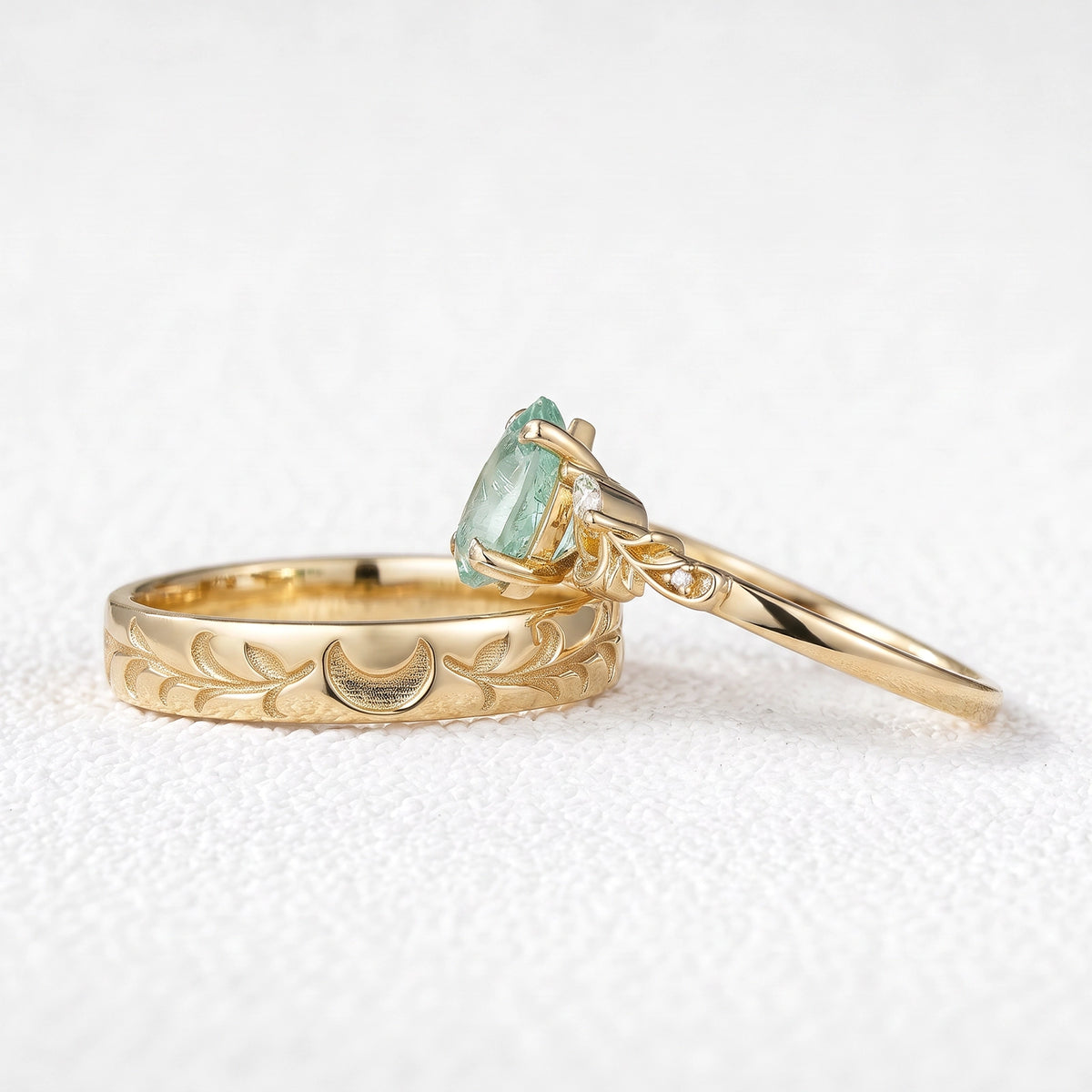 Selene’s Grove | Pear Green Sapphire & Moon Phase Couple Ring Set