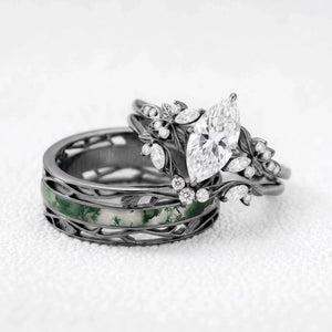 Seraphina‘s Aureole | 1CT Marquise Diamond Chevron & Moss Agate Inlay Band Couple Set Trio