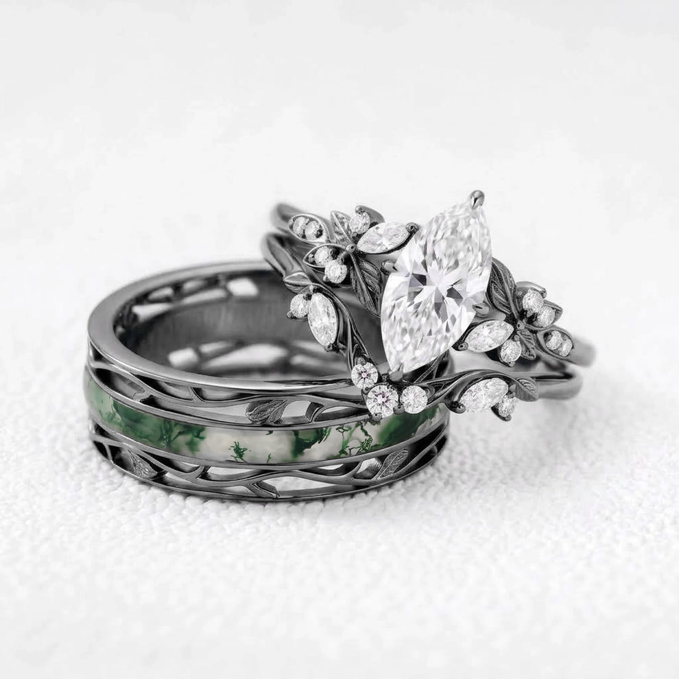 Seraphina‘s Aureole | 1CT Marquise Diamond Chevron & Moss Agate Inlay Band Couple Set Trio