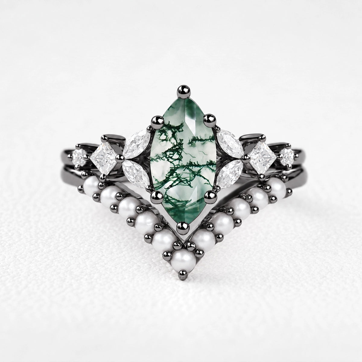 Diana’s Whisper | Marquise Moss Agate & Pearl Chevron Bridal Duo