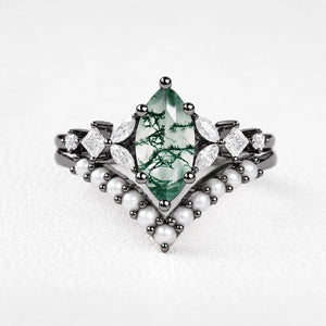 Diana’s Whisper | Marquise Moss Agate & Pearl Chevron Bridal Duo