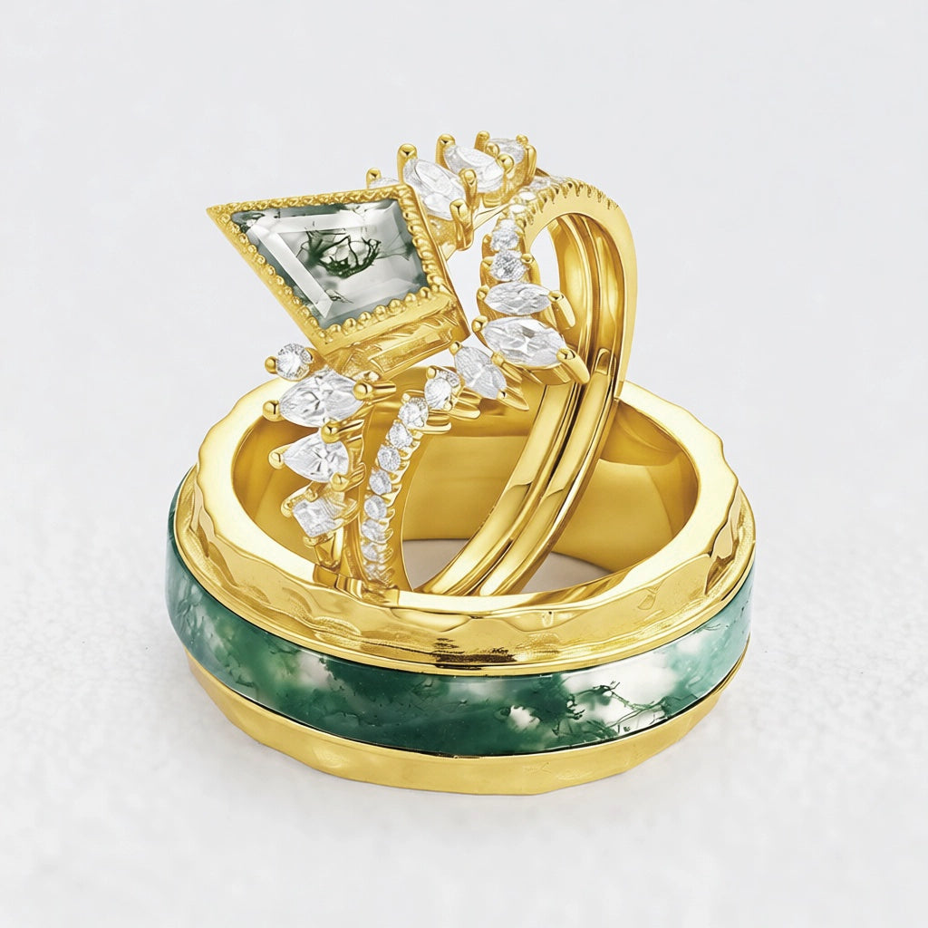 Sylvie’s Cluster | Kite Cut Moss Agate Engagement Couple Ring Set 3pcs.