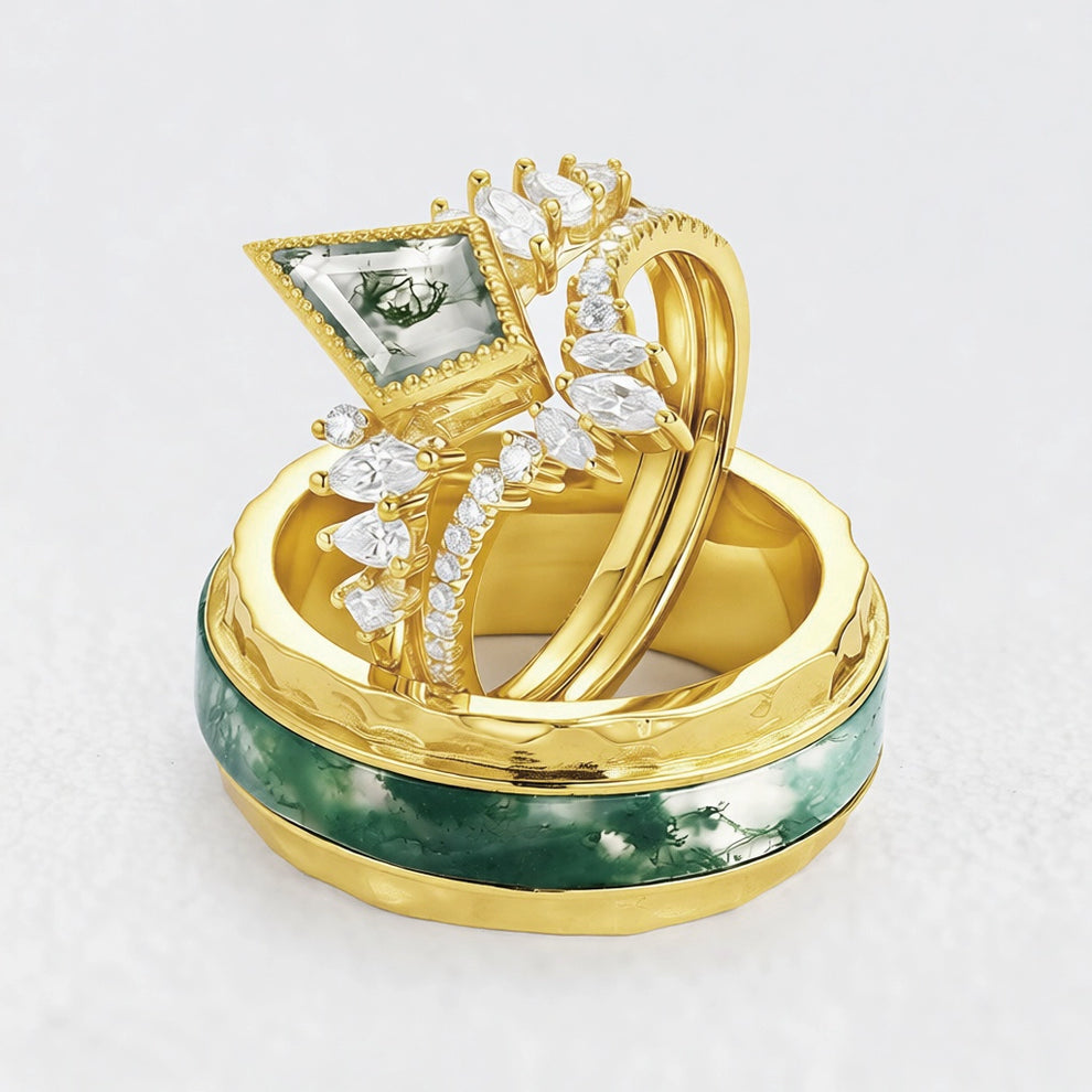 Sylvie’s Cluster | Kite Cut Moss Agate Engagement Couple Ring Set 3pcs.