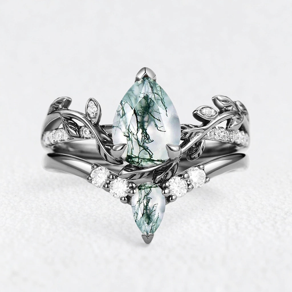 Genevieve’s Foliage | Pear Moss Agate & Moissanite Foliage Bridal Duo