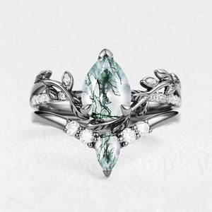Genevieve’s Foliage | Pear Moss Agate & Moissanite Foliage Bridal Duo
