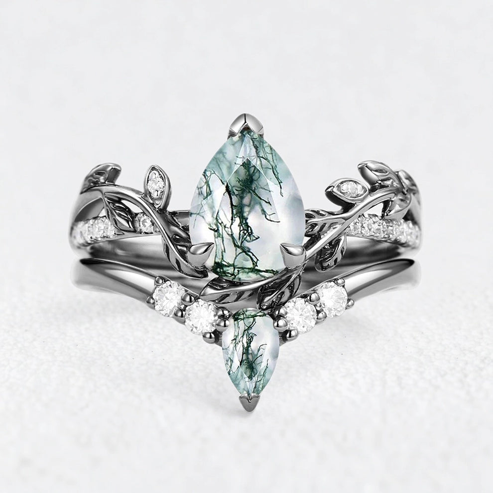 Genevieve’s Foliage | Pear Moss Agate & Moissanite Foliage Bridal Duo