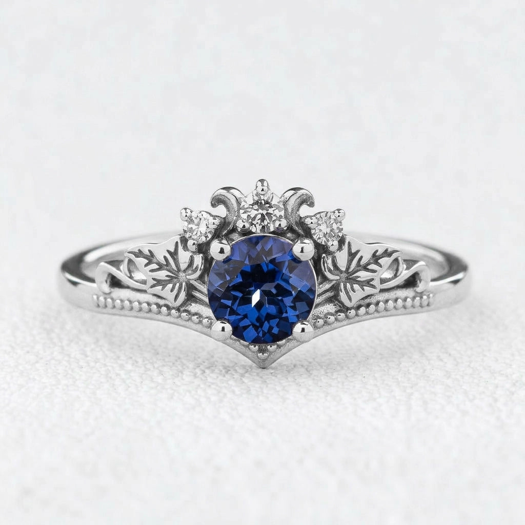 Ivy’s Wreath | Round Blue Sapphire & Diamond Vintage Bridal Set 2pcs.
