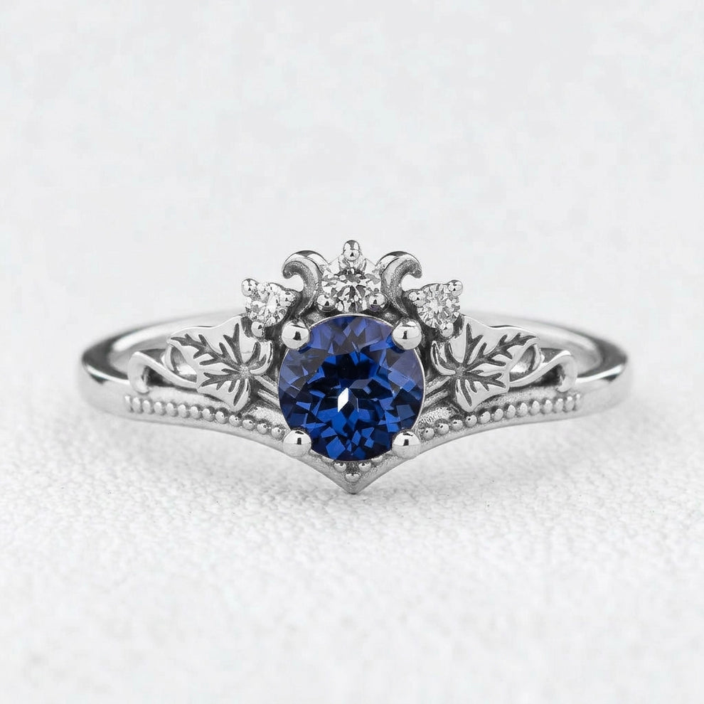 Ivy’s Wreath | Round Blue Sapphire & Diamond Vintage Bridal Set 2pcs.