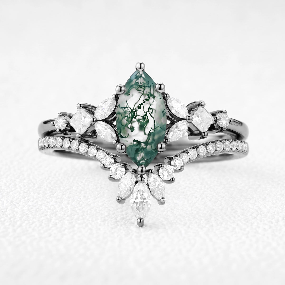 Diana’s Glade | Marquise Moss Agate Cluster Chevron Bridal Set 2pcs