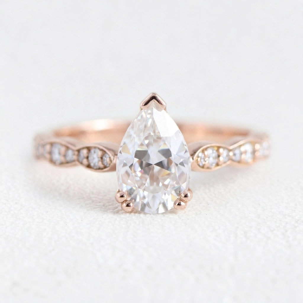 Grace Solitaire Pear Bridal Ring Set w/ Moissanite and Matching Diamond Band.