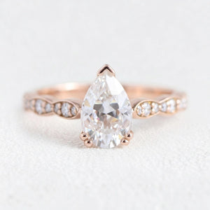 Grace Solitaire Pear Bridal Ring Set w/ Moissanite and Matching Diamond Band.