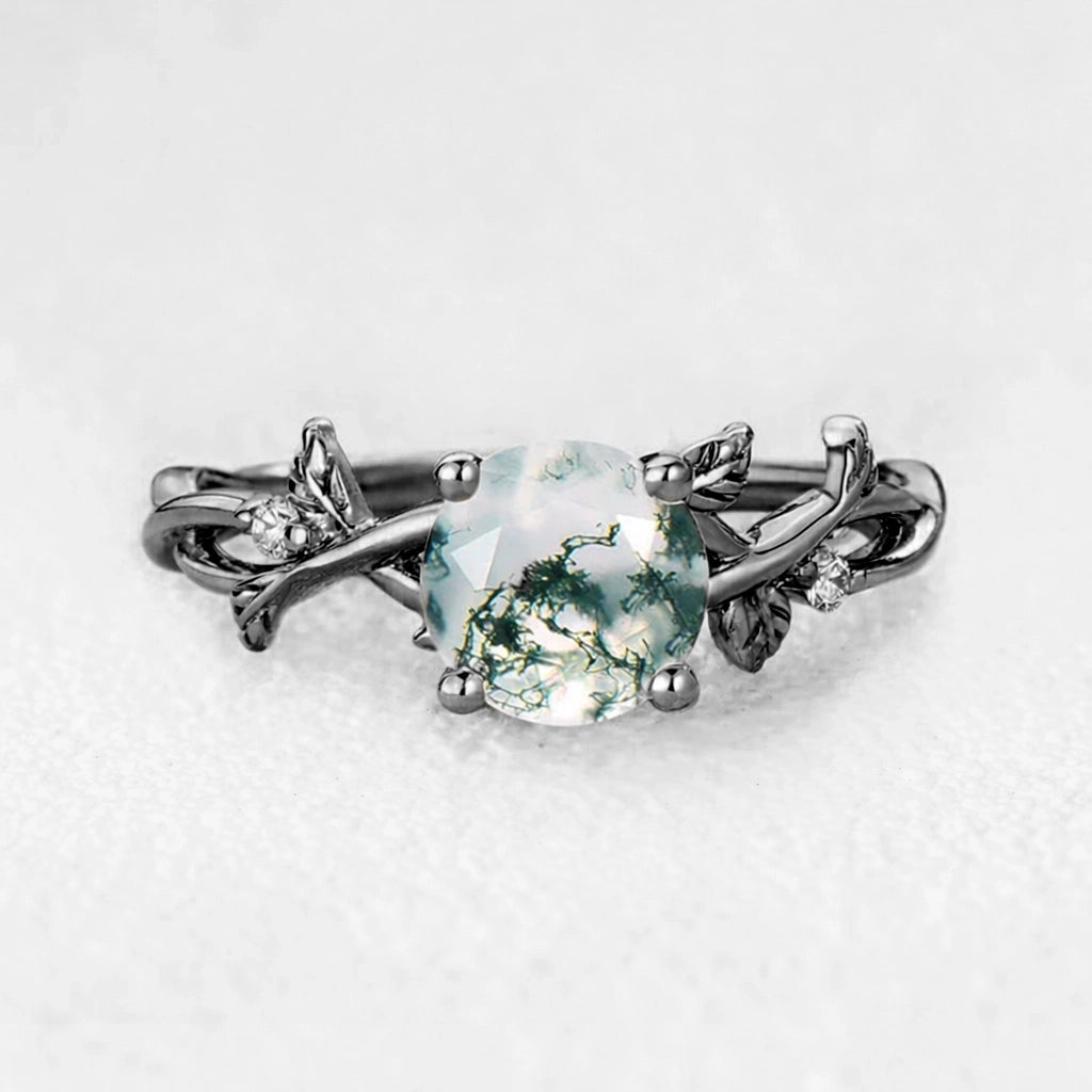 Mirabelle’s Tendril | Round Cut Moss Agate Leafy Engagement Ring.