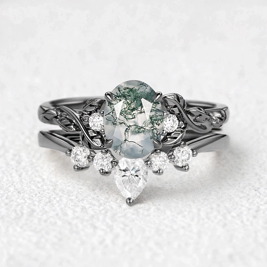 Aurelia’s Grove | Oval Moss Agate & Moissanite Leafy Ring Set 2pcs.