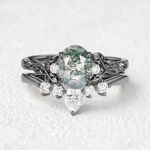 Aurelia’s Grove | Oval Moss Agate & Moissanite Leafy Ring Set 2pcs.