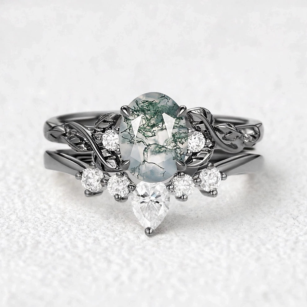 Aurelia’s Grove | Oval Moss Agate & Moissanite Leafy Ring Set 2pcs.