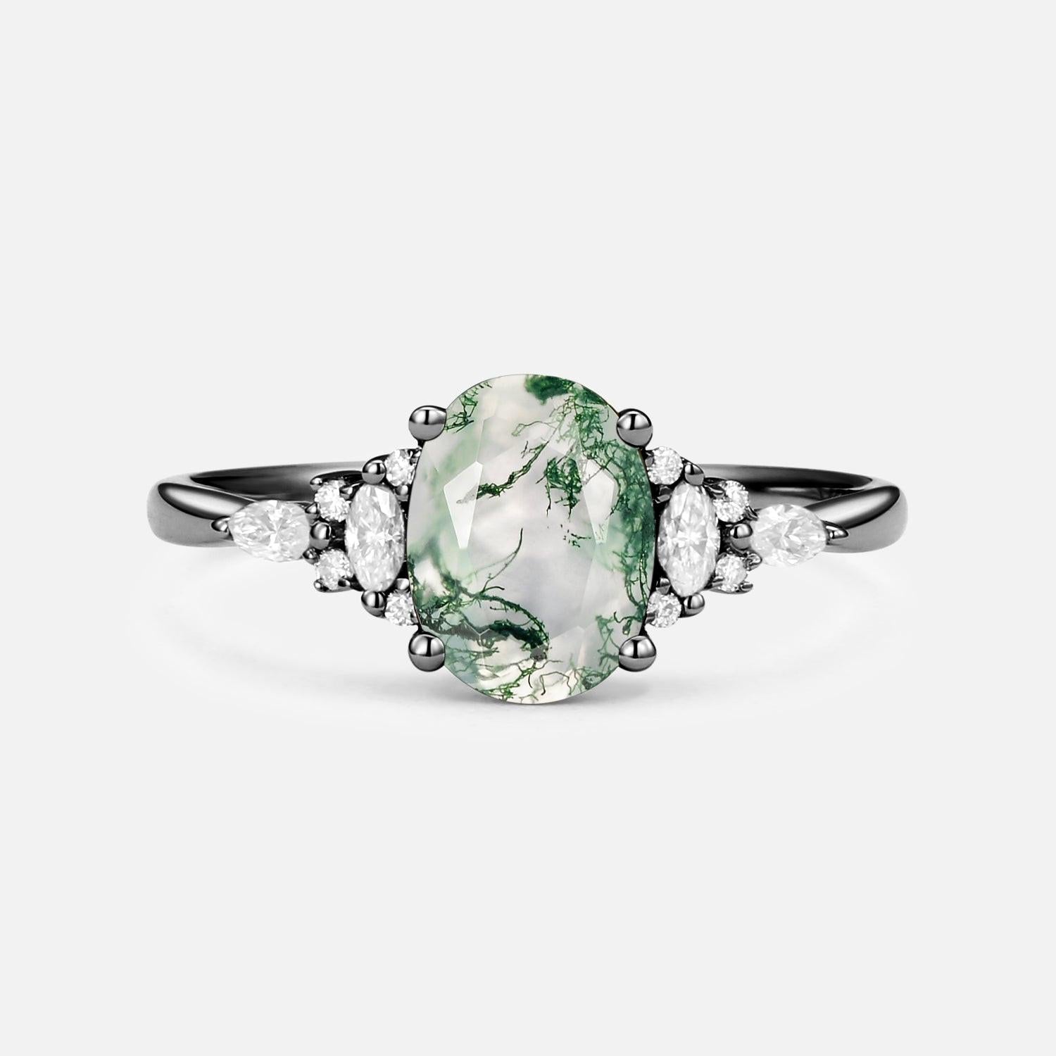 Sylvie’s Dew | Classic Oval Moss Agate Engagement Ring with Diamond Accents.