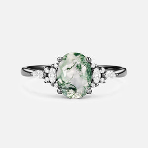 Sylvie’s Dew | Classic Oval Moss Agate Engagement Ring with Diamond Accents.