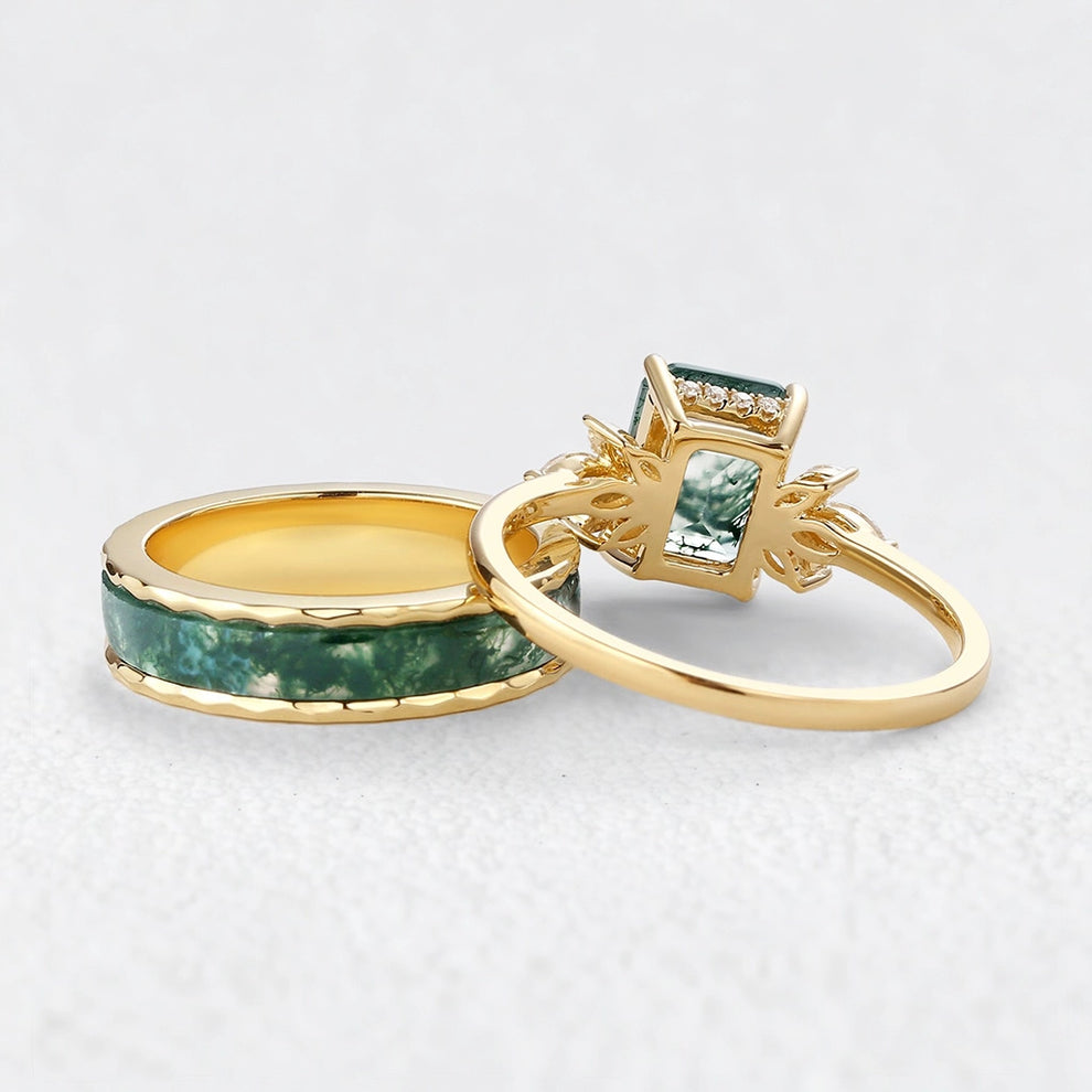 Flora’s Terrace | Emerald Cut Moss Agate Yellow Gold Couple Ring Set 2pcs.
