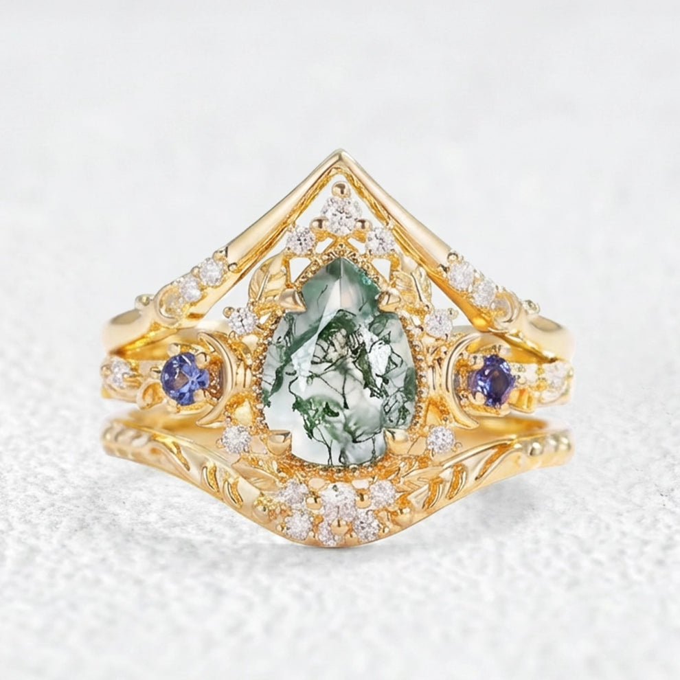 Unique Moonlight Moss Agate Pear Cut Vine Leaf Ring Bridal Sets 2pcs.