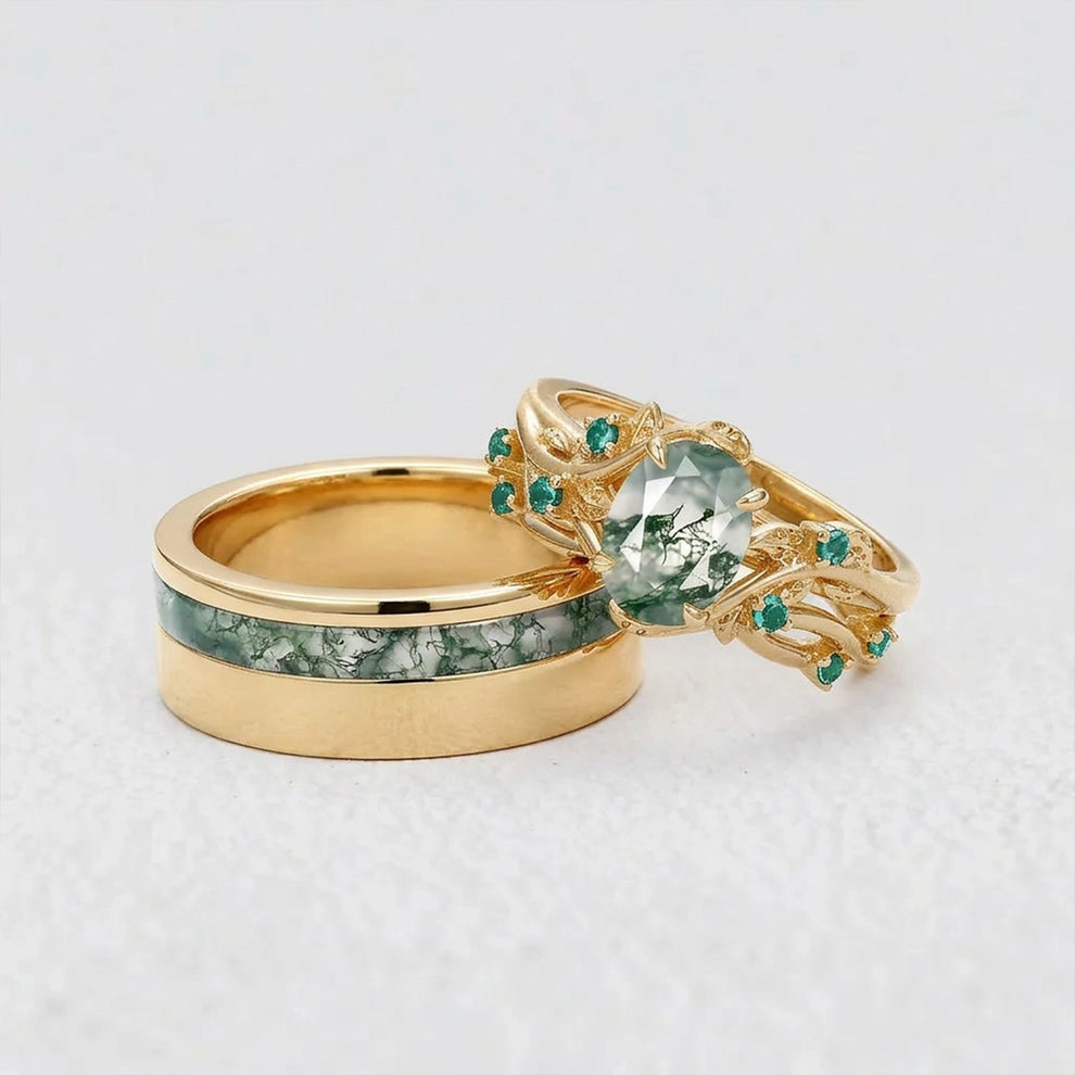Sylvie’s Shadow | Black Gold & Oval Moss Agate Couple Ring Set 3pcs.