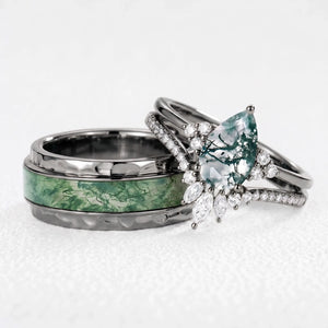 Genevieve’s Harmony | Luxurious Pear Moss Agate Bridal Set & 8MM Moss Inlay Band Couple Ring Set 3pcs