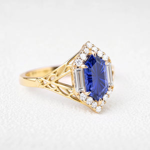 Ariadne’s Diadem | Hexagon Fantasy-Cut Cornflower Sapphire Ajouré Engagement Ring