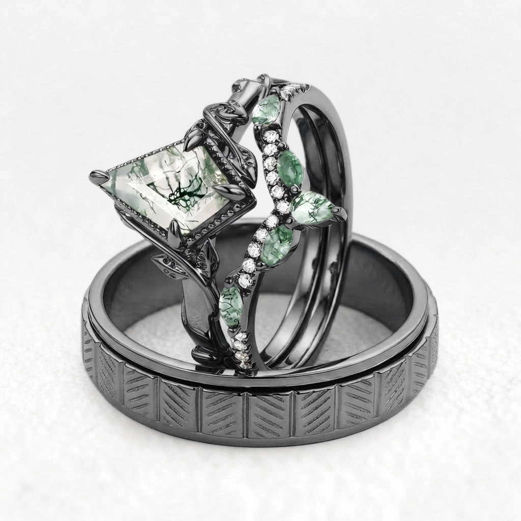 Flora’s Lark Trio | Kite Cut Moss Agate Leafy Couple Ring Set 3pcs