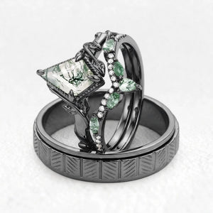 Flora’s Lark Trio | Kite Cut Moss Agate Leafy Couple Ring Set 3pcs