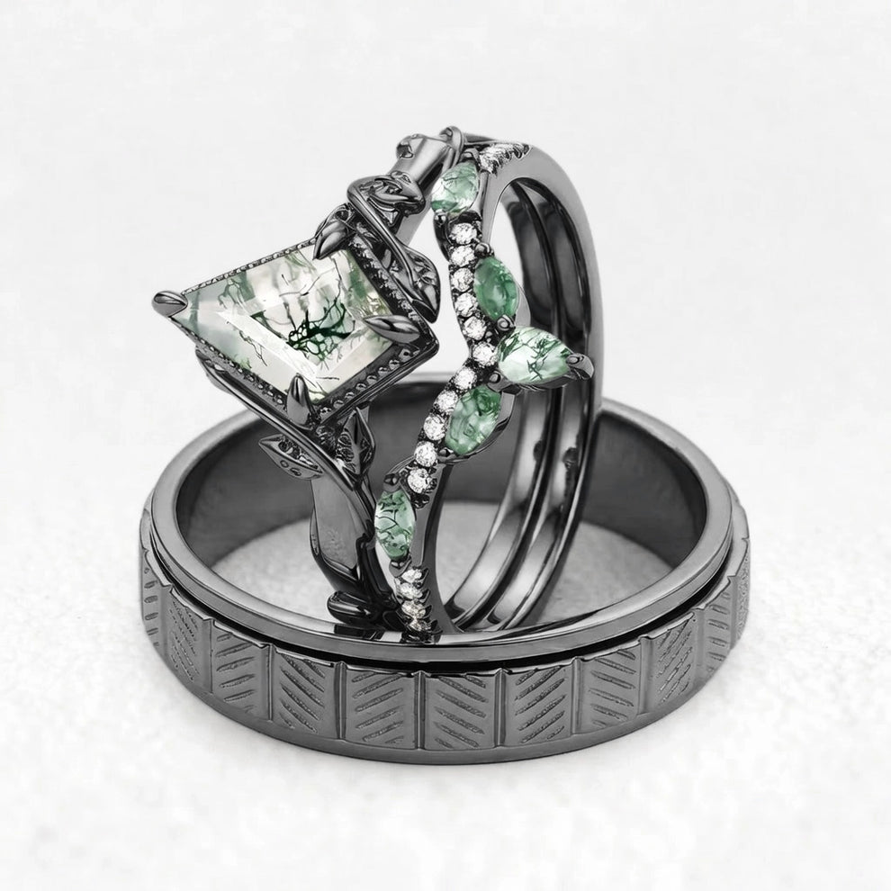 Flora’s Lark Trio | Kite Cut Moss Agate Leafy Couple Ring Set 3pcs