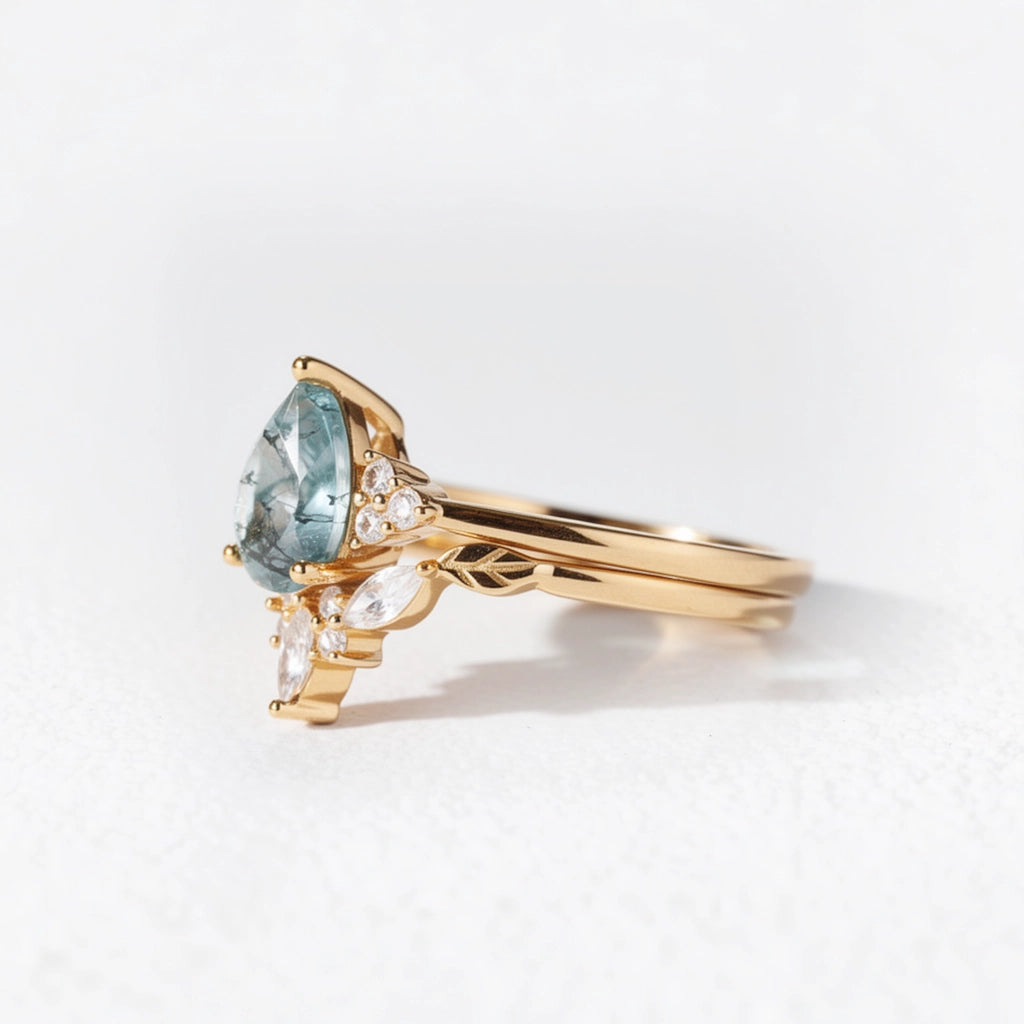 Clarissa Unique Moss Agate Engagement Ring Set 2pcs.