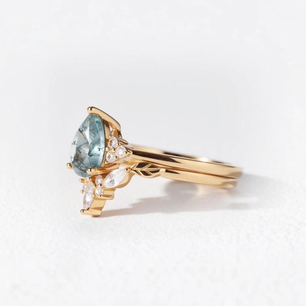 Clarissa Unique Moss Agate Engagement Ring Set 2pcs.