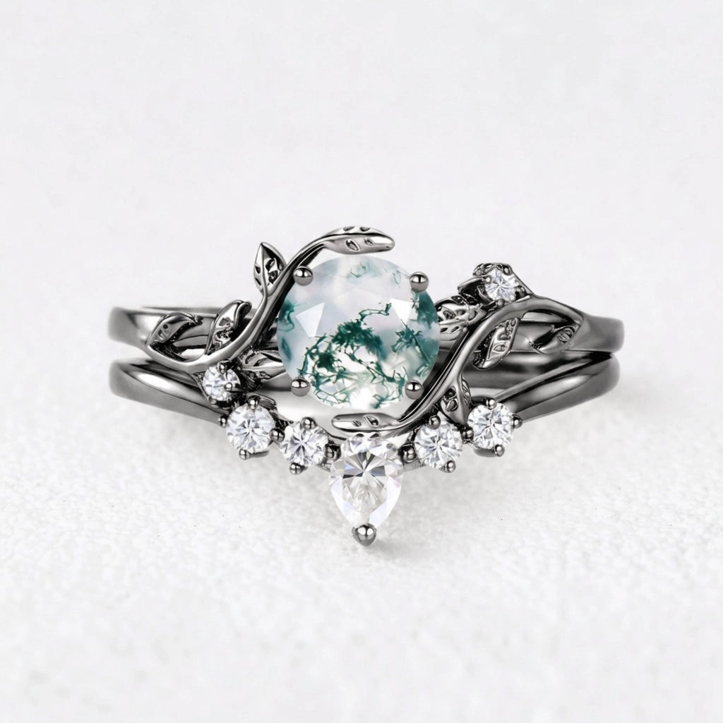 Genevieve’s Garden | Round Moss Agate Leafy Bridal Set 2pcs