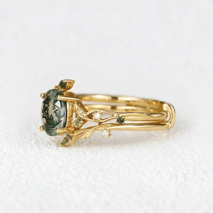 Melisande’s Tracery | Green Moss Agate Leaf Engagement Ring Set 2pcs.